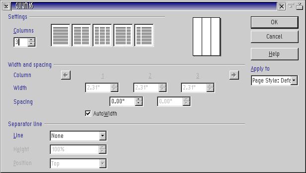 OpenOffice Writer, Columns properties page
